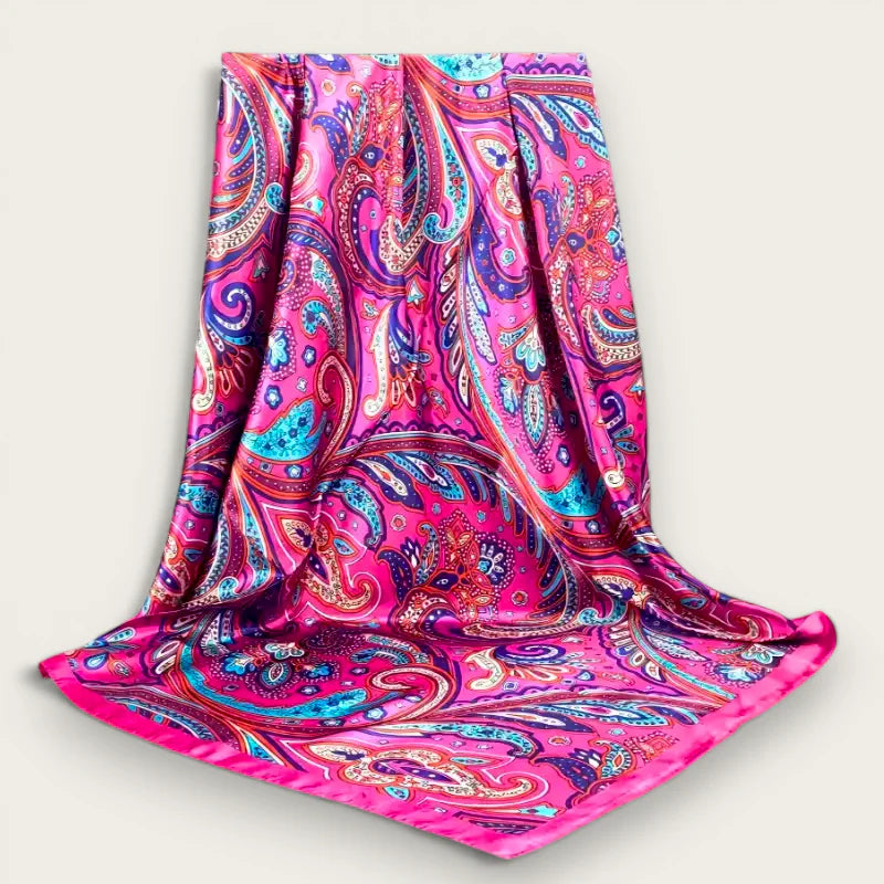 Big purple silk scarf with vibrant pink paisley pattern
