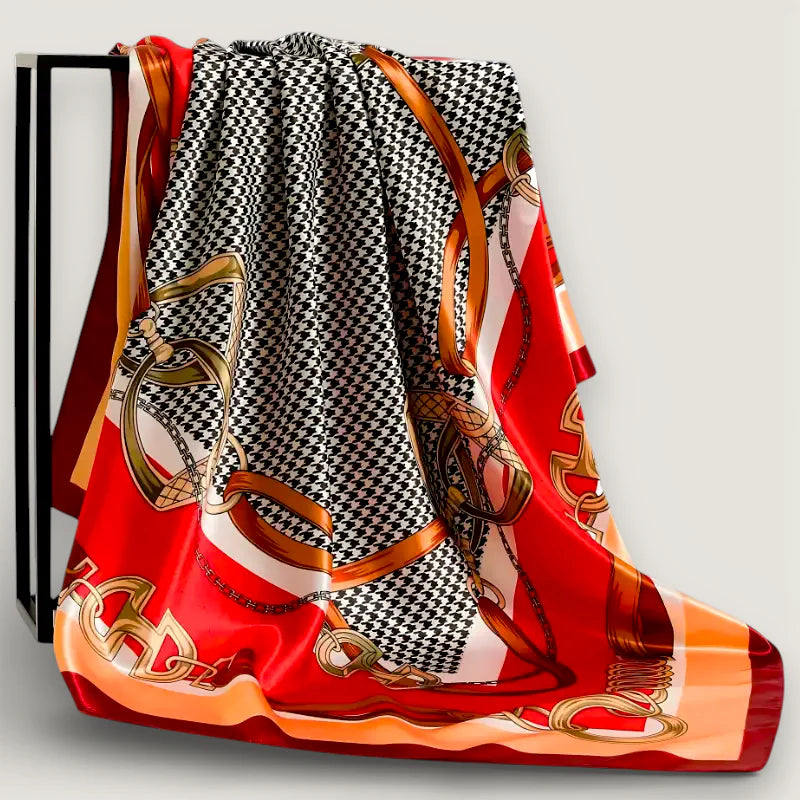 Big Red Scarf: luxurious red black houndstooth silk with gold chain motifs