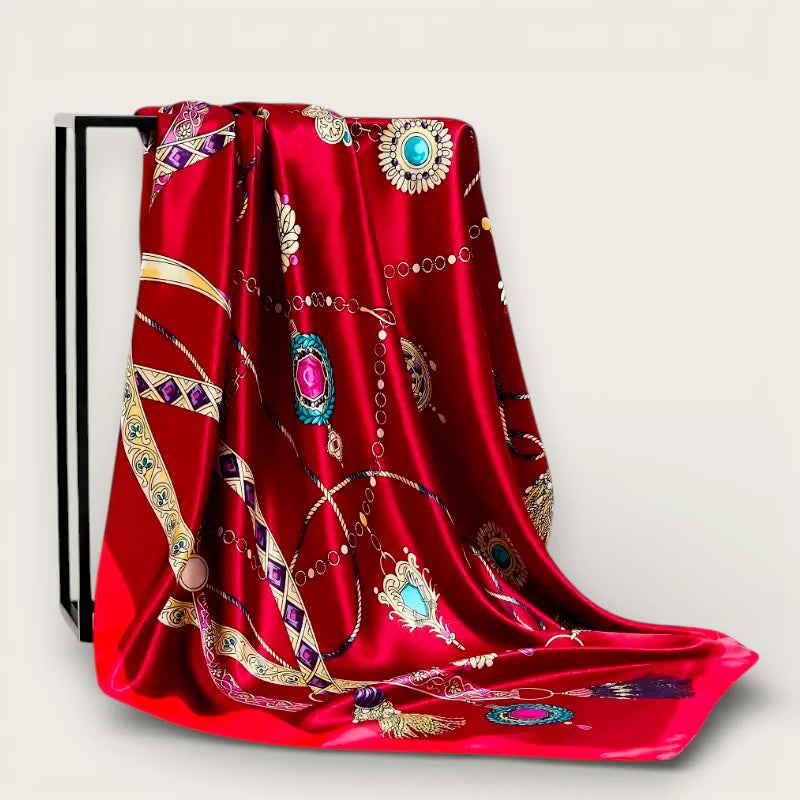 Big Red Silk Scarf: luxurious red satin with gold, turquoise, purple jewel patterns