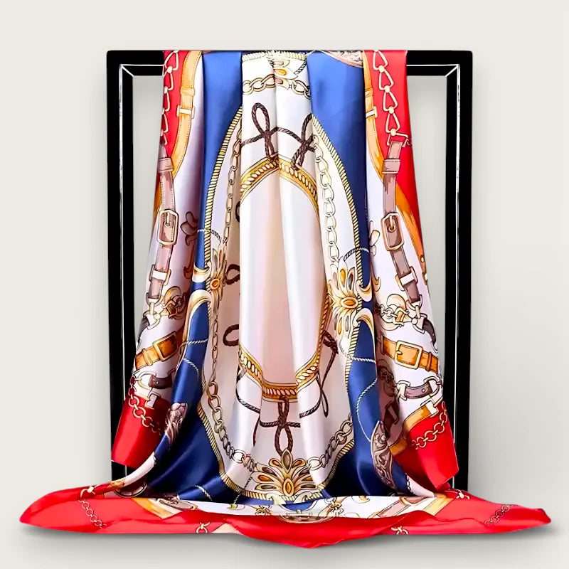 Big Silk Scarf with gold chains, belts, buckles on red, blue, cream silk