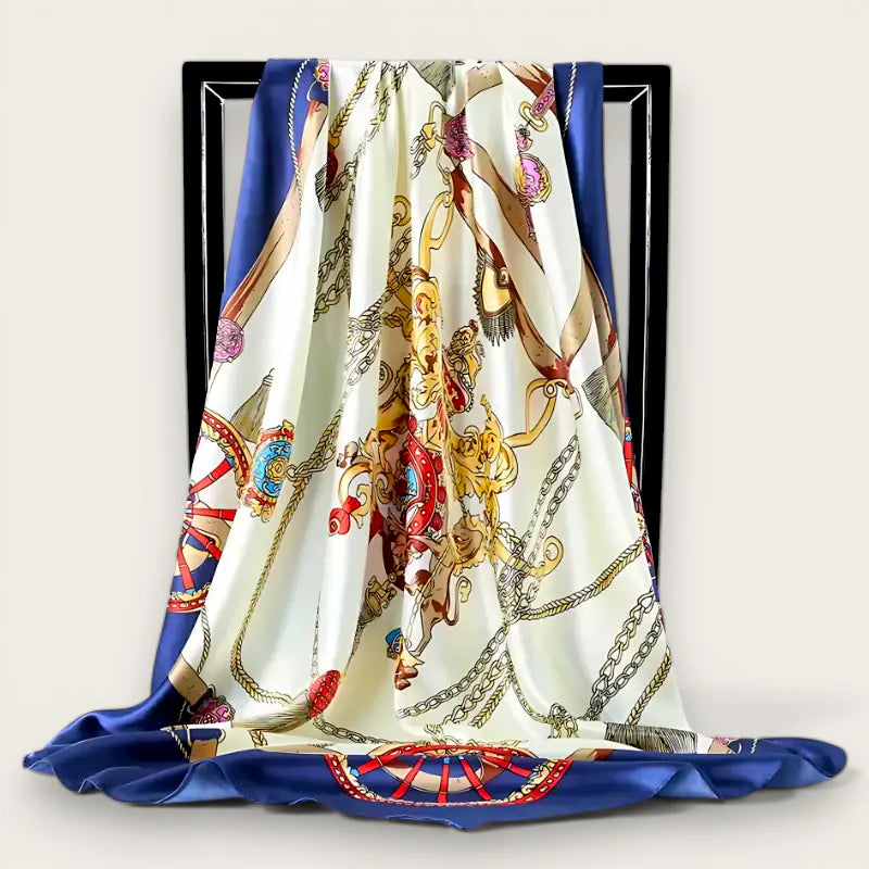 Big Square Scarf: luxurious ivory silk with gold baroque motifs on blue border