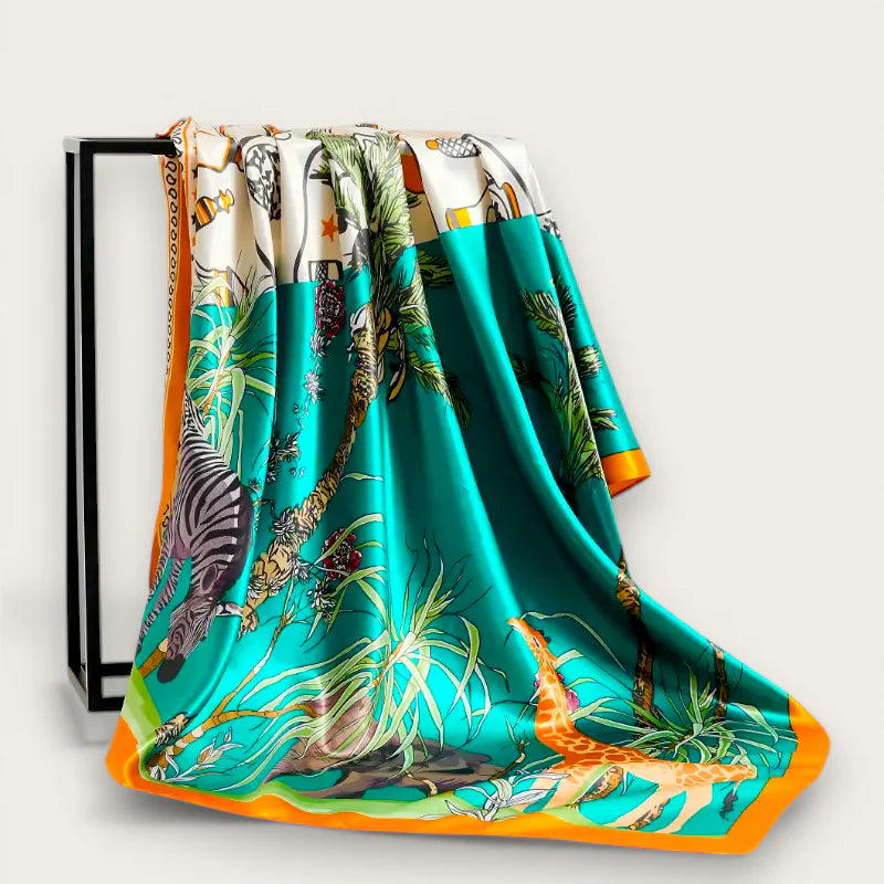 Big Teal Scarf: vibrant turquoise silk with zebra, giraffe safari print