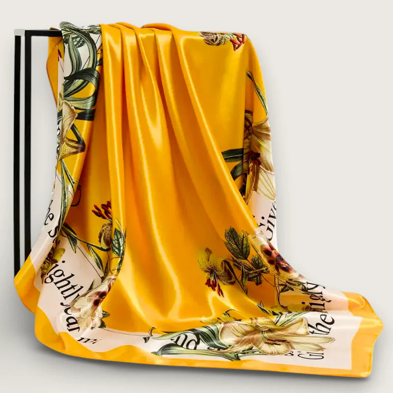 Big Yellow Scarf: luxurious golden-yellow silk with floral print