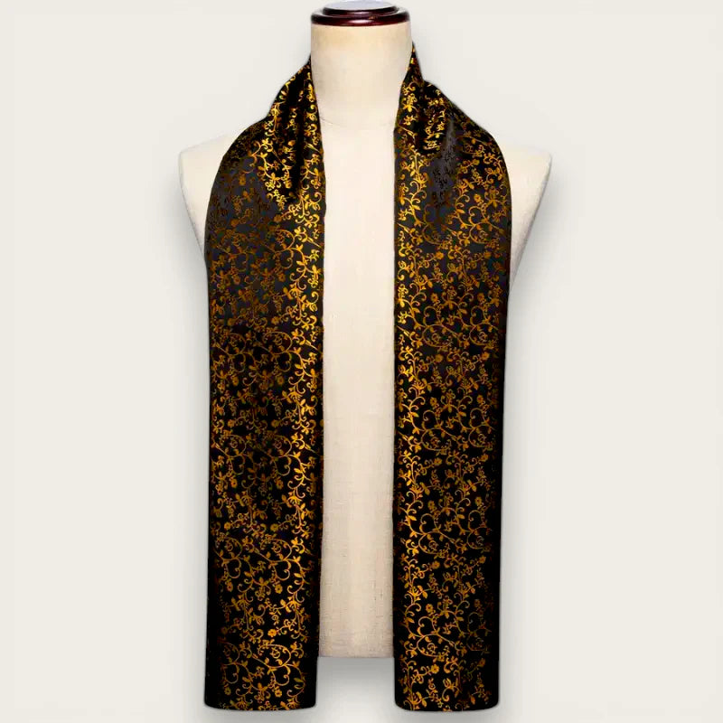 Elegant black silk scarf with gold floral embroidery, Black and Gold Mens Silk Scarf