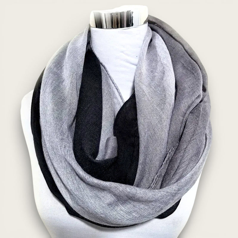 Black and grey infinity scarf with soft two-toned textured weave