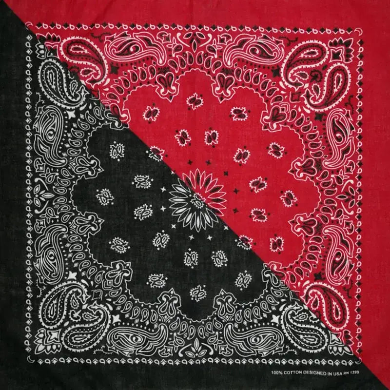 Black and red paisley bandana with white accents