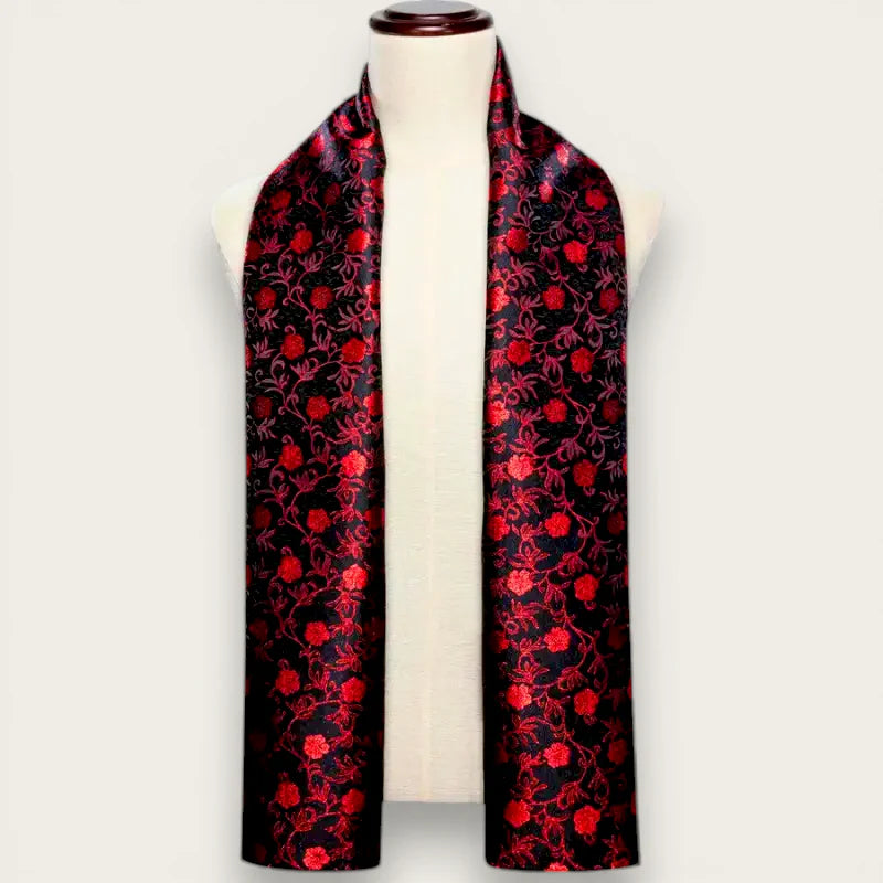 Luxurious black satin mens silk scarf with red floral embroidery