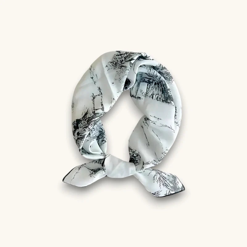 Black and White 60x60 Cotton Scarf with ink-style landscape print, knotted