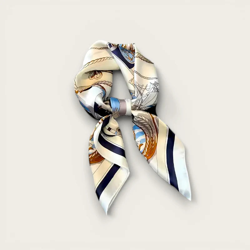 Cream silk nautical scarf with ships, ropes, stripes in navy, gold