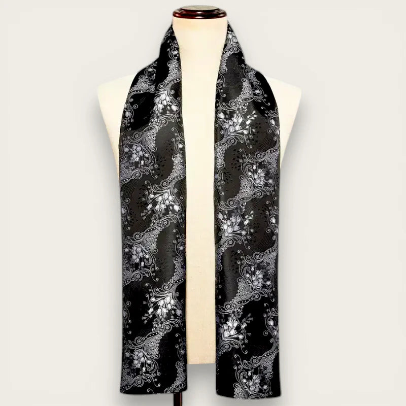 Black silk scarf with silver floral paisley patterns for men