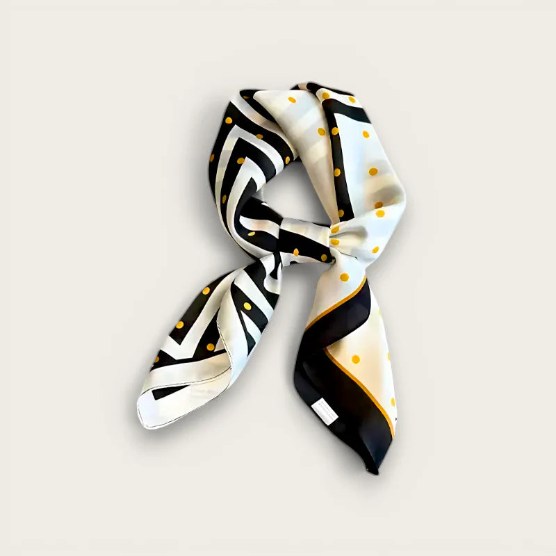Stylish black white gold silk scarf with geometric stripes polka dots