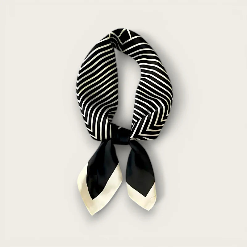 Black and white striped silk scarf with geometric pattern and cream triangle accents