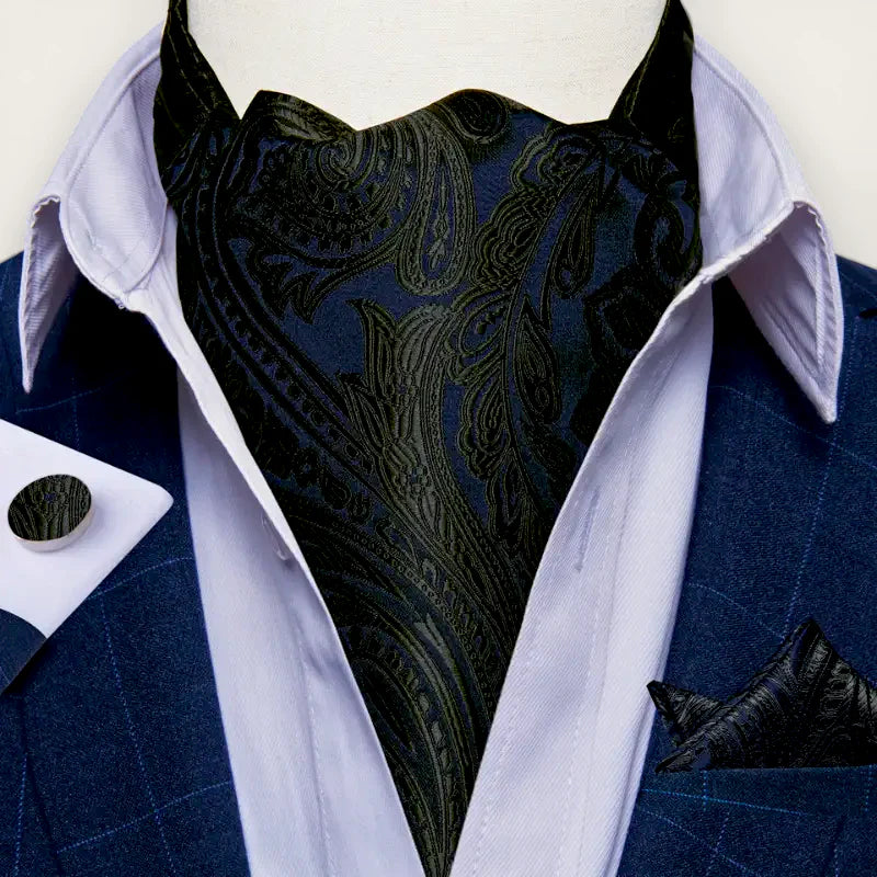 Black Ascot Tie: dark blue satin cravat with intricate black paisley pattern