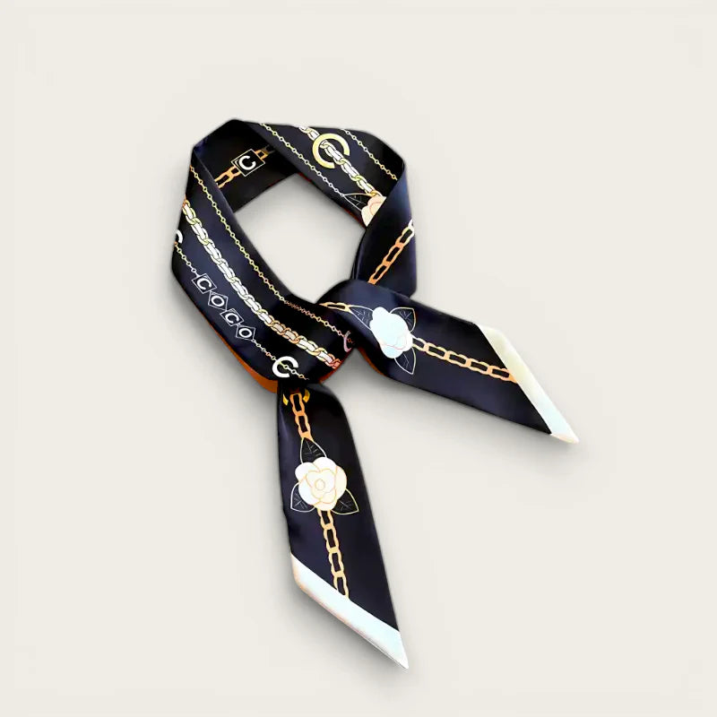 Black silk bag scarf with gold chain motifs, white roses, coco lettering