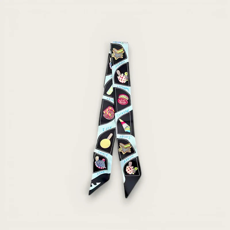 Black blue bag scarf with colorful retro food illustrations