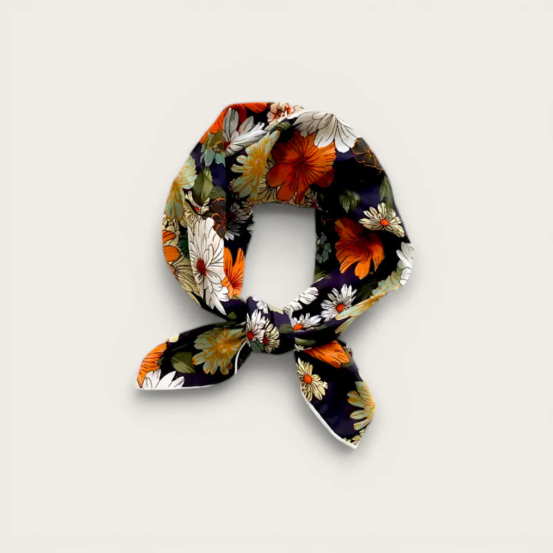 Black cotton scarf for women in vibrant navy floral print with orange blossoms