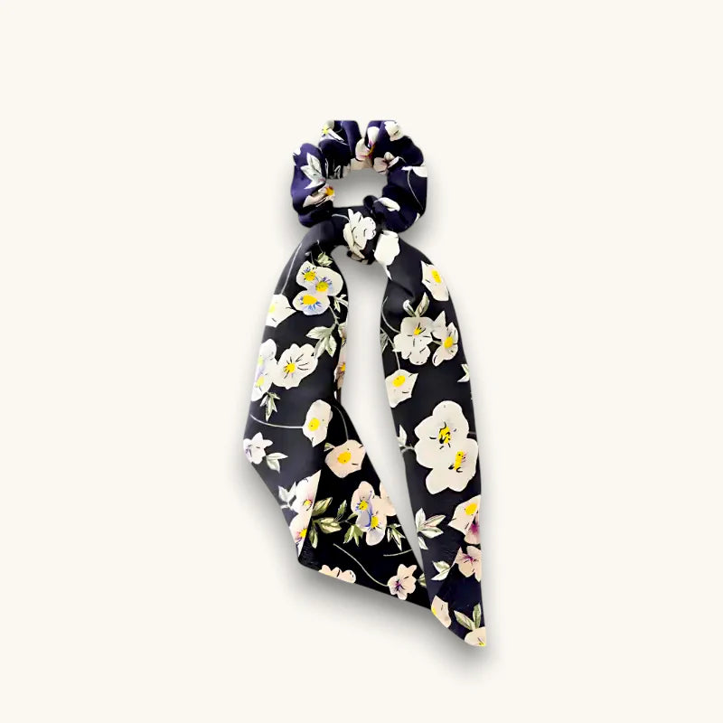 Black floral scarf scrunchie in navy blue satin with white pink yellow blossoms