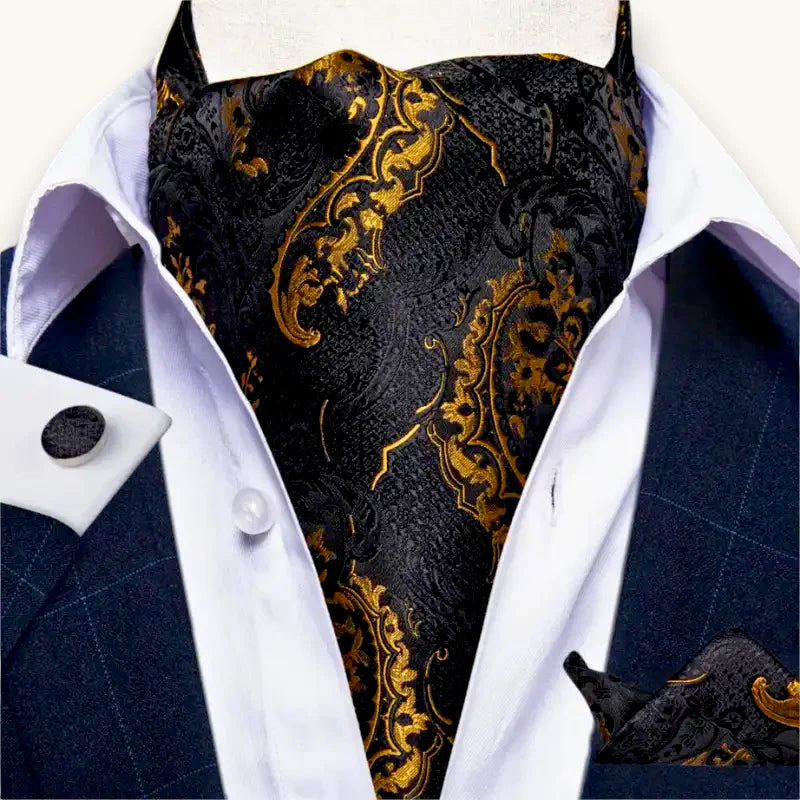 Elegant black gold paisley silk cravat with intricate embroidery