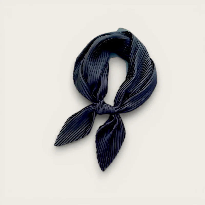 Navy blue pleated silk Black Head Scarf tied in neat knot