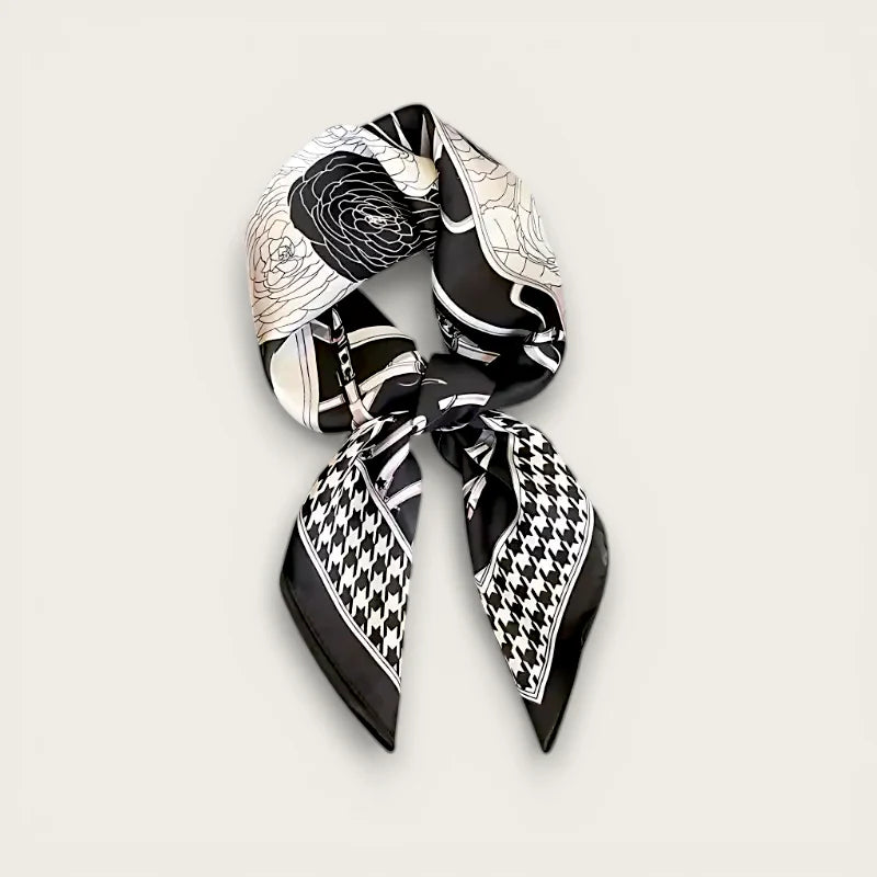 Black pattern silk scarf with floral and houndstooth designs