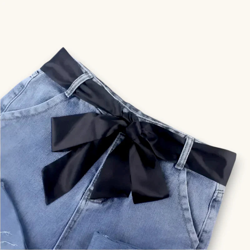 Black satin bow belt on light blue denim jeans, Black Scarf Belt