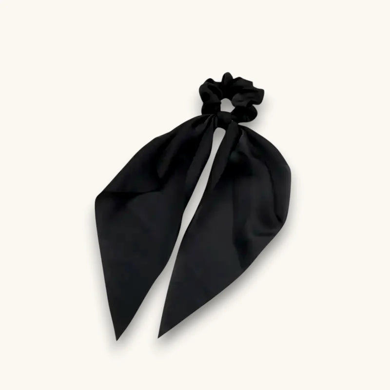 Black satin scrunchie with long flowing ribbon tail, Black Scarf Scrunchie