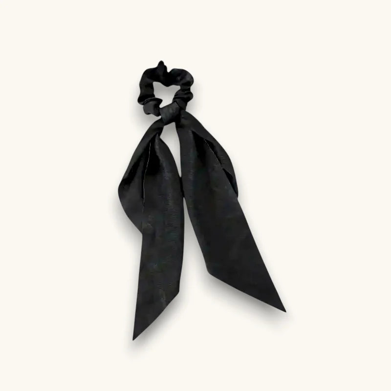 Black satin scrunchie with flowing ribbon bow for Black Scrunchie product