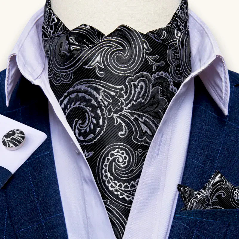 Black silk ascot cravat with silver paisley swirling patterns