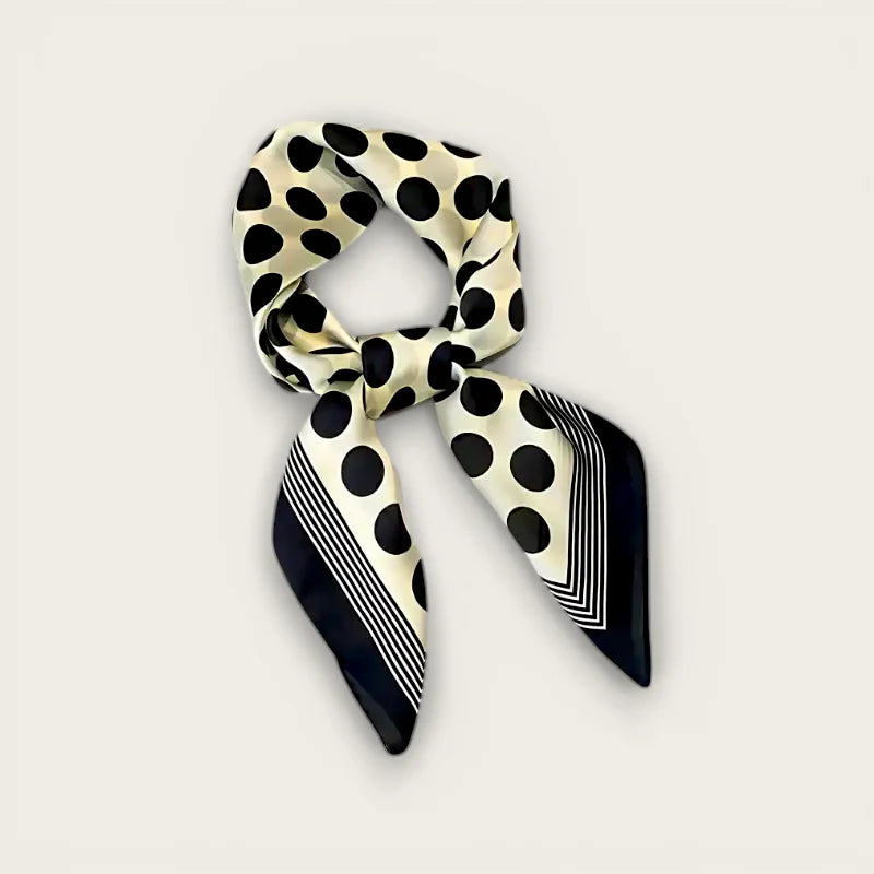 Black White Dot Scarf: cream silk with bold black polka dots, navy stripe border
