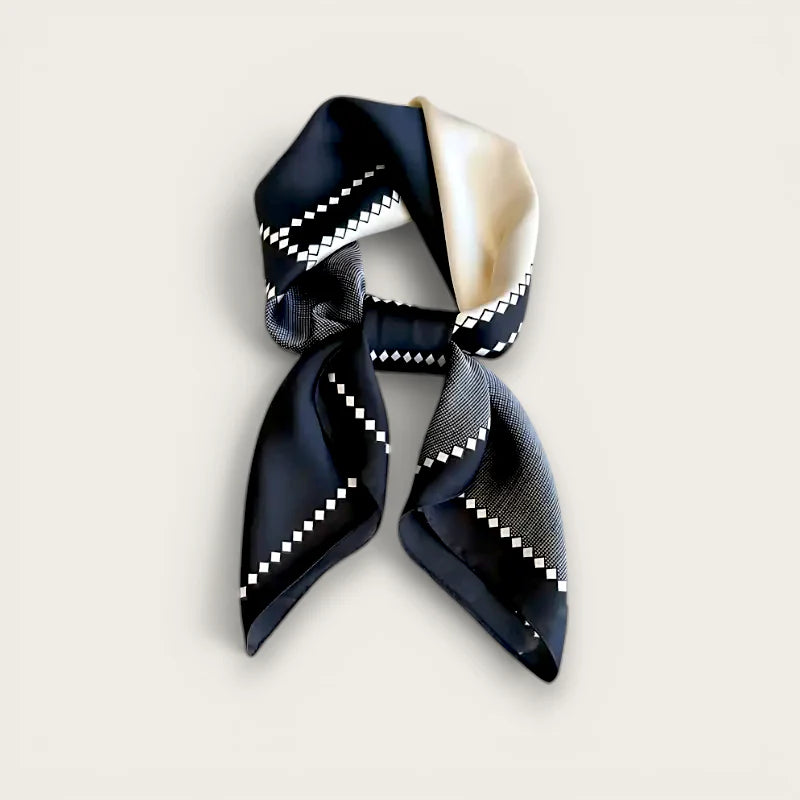 Navy blue cream silk scarf with geometric diamond edges Black White Hair Scarf