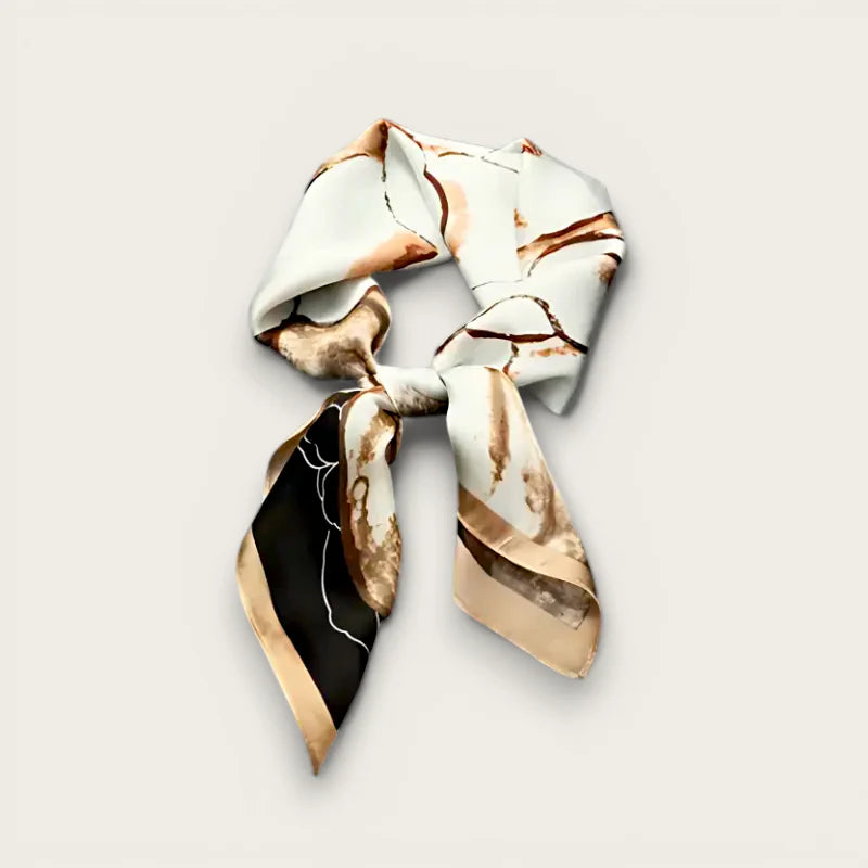 Black white head scarf: delicate white silk with brown black abstract pattern, elegant knot