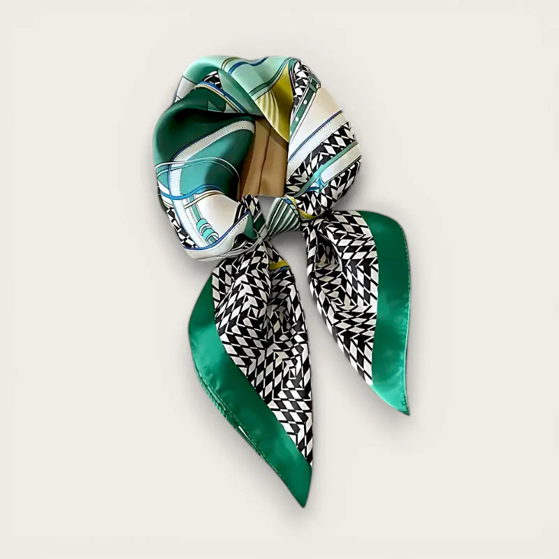Blue and green geometric silk scarf with glossy finish in elegant knot
