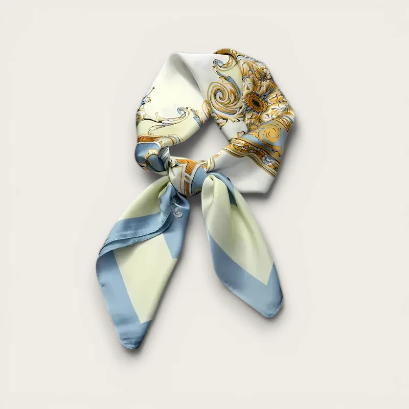 Delicate light blue cream silk Blue and White Hair Scarf with gold floral pattern tied in knot