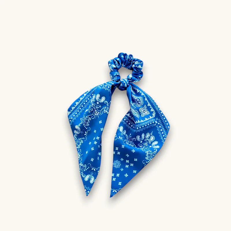 Blue and white scarf scrunchie with paisley pattern on satin