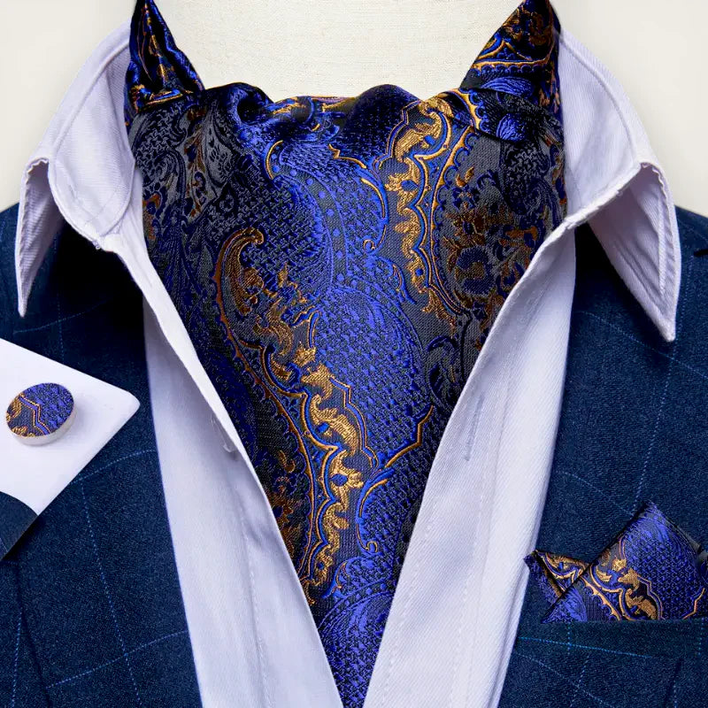 Blue Ascot Silk Tie: navy gold paisley cravat on white shirt