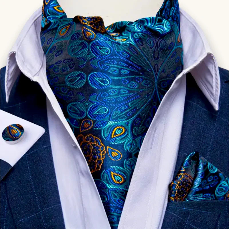 Richly patterned blue and gold paisley Blue Ascot Tie cravat