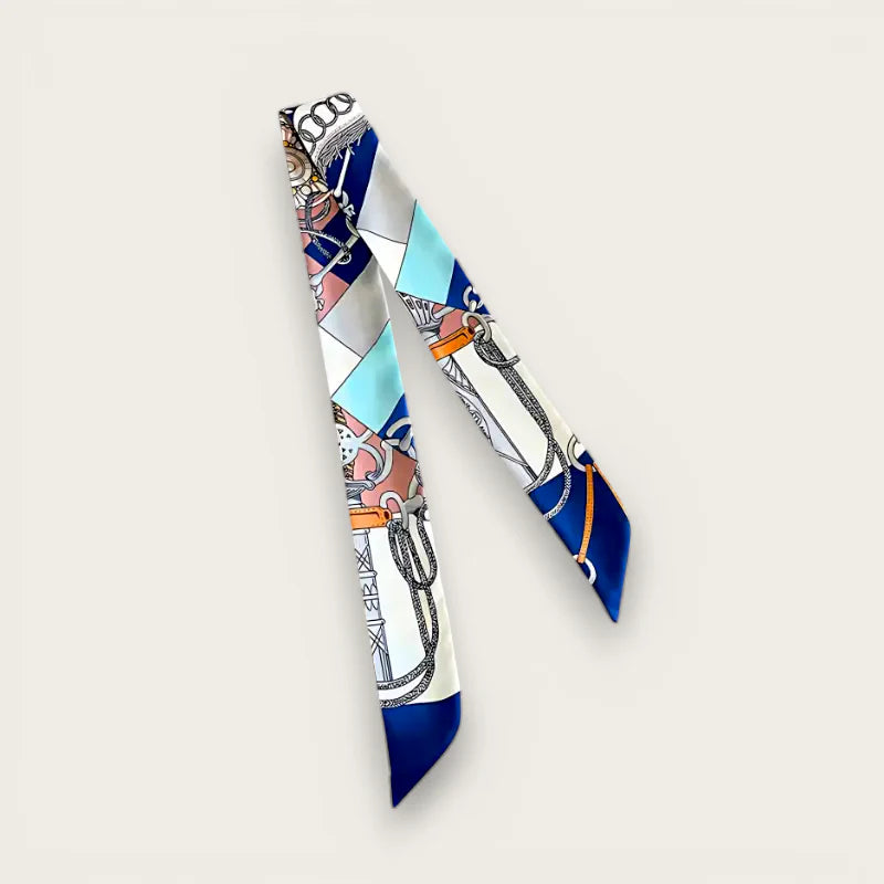Vibrant Blue Bag Scarf with blue-white silk chains gears pattern