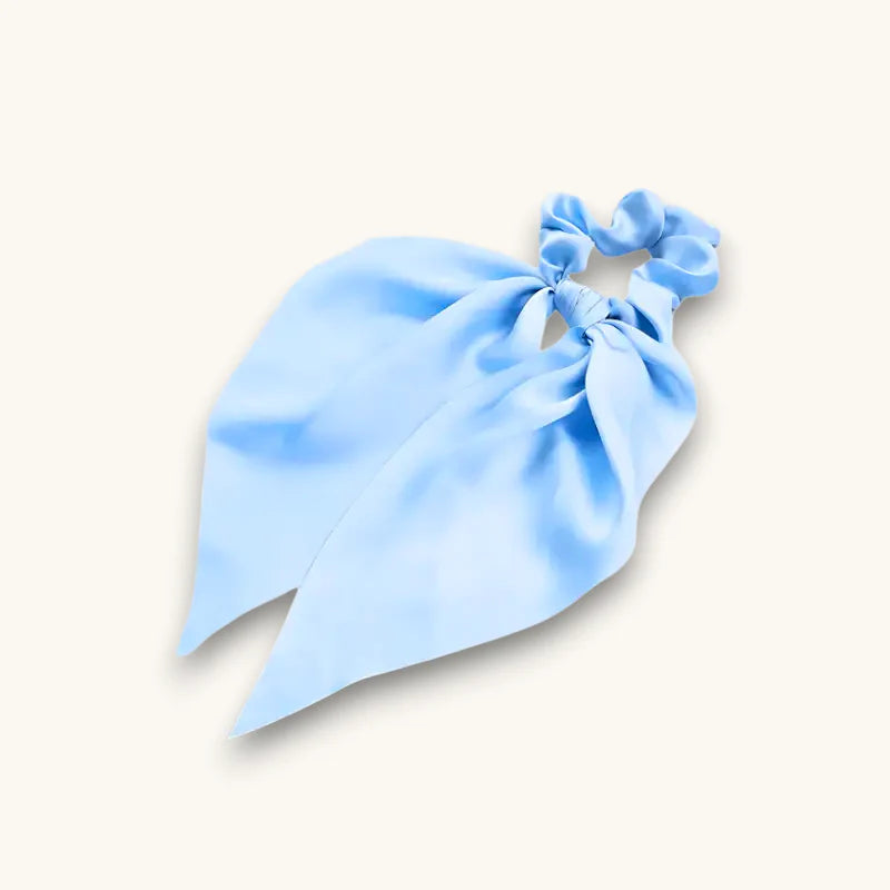 Blue Bow Scrunchie: delicate light blue satin with flowing ribbon tail