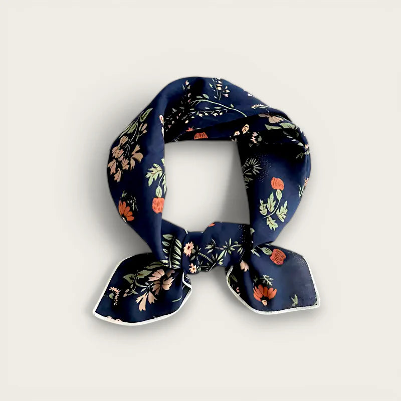 Navy blue silk scarf with peach coral green floral pattern white trim