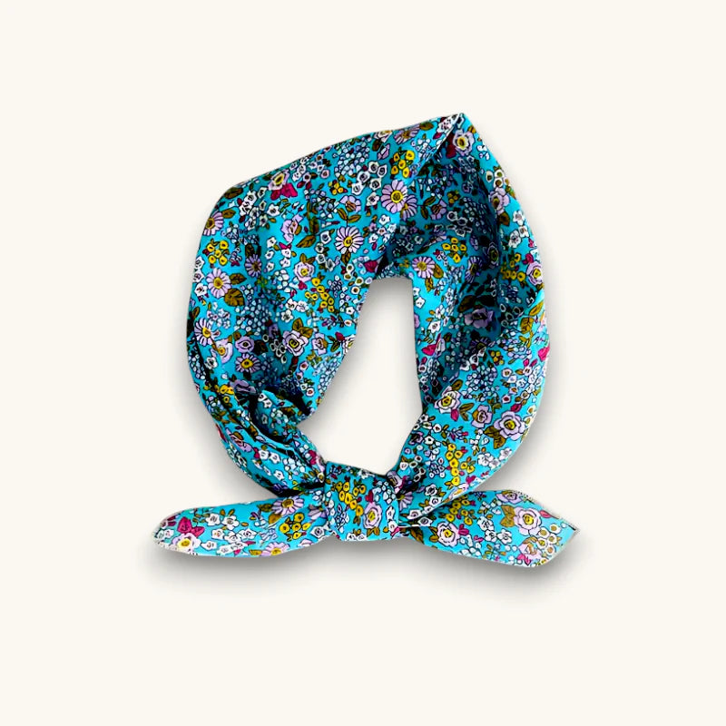 Blue Cotton Square 60x60 turquoise floral bandana with pink blossoms