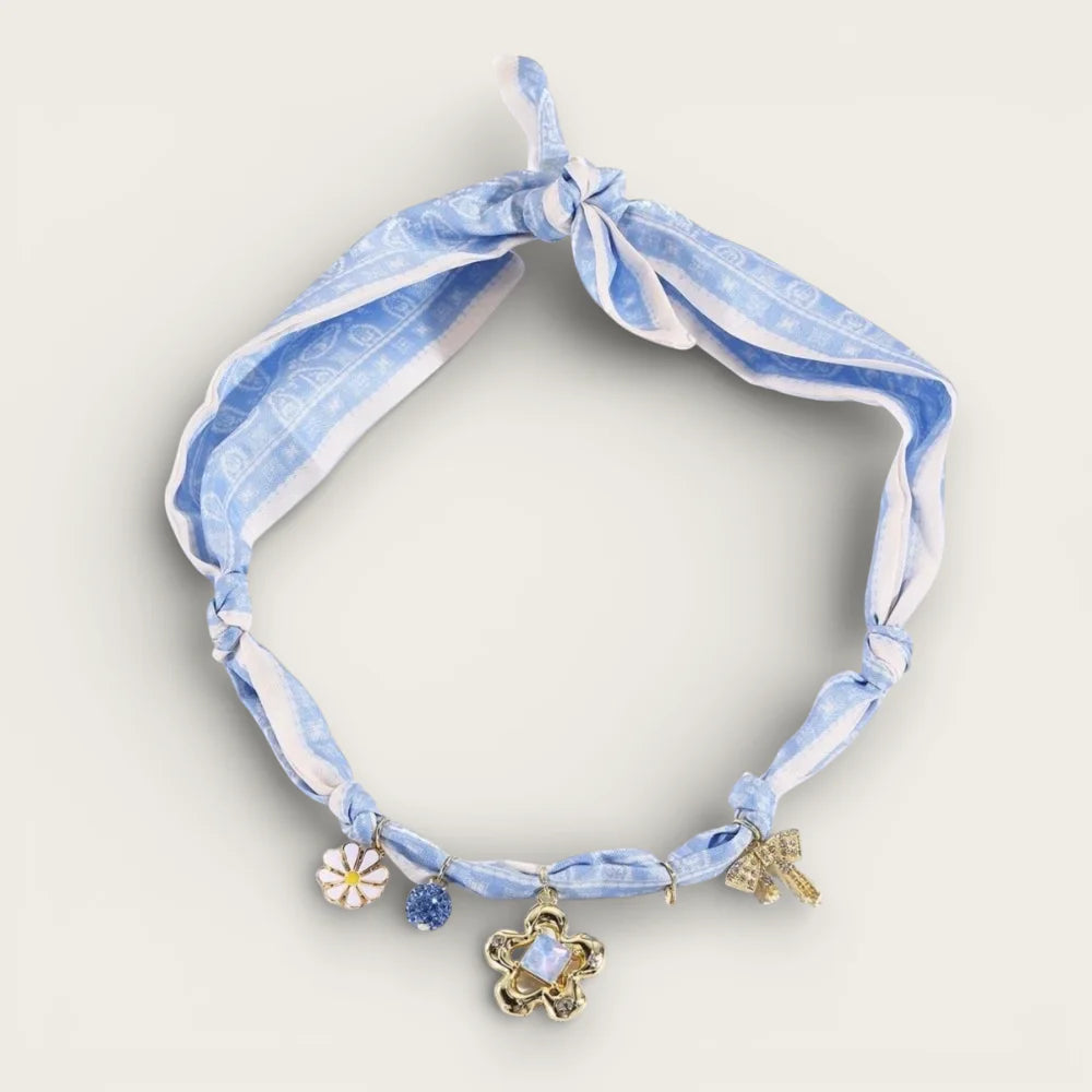 Blue Flower Scarf Necklace with light blue white pattern knot flower gem butterfly charms