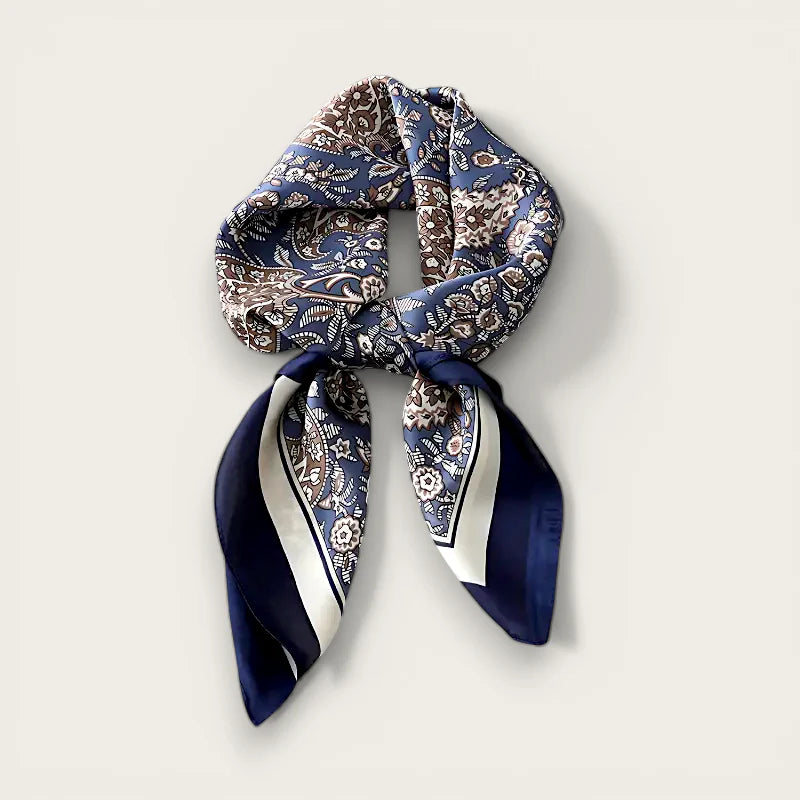 Blue hair scarf: navy silk paisley pattern in brown, cream with white edge stripes