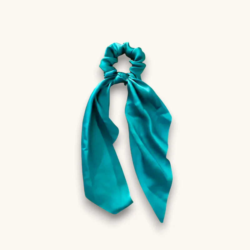 Teal satin scrunchie with flowing ribbon bow, Blue Hair Scarf Scrunchie