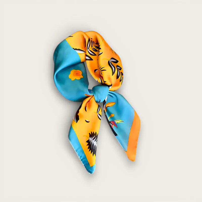 Blue head scarf in vibrant orange teal silk with tropical bird leaf patterns