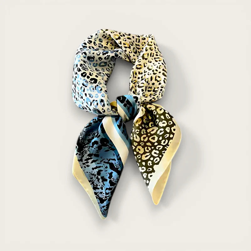 Blue Leopard Scarf: stylish square silk with bold beige, black, blue print