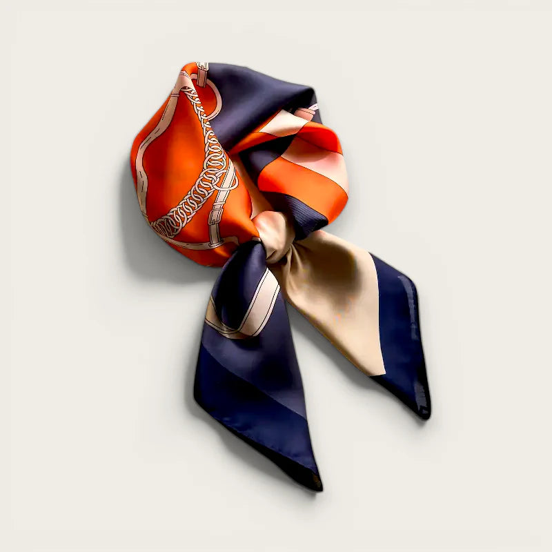 Blue navy and orange silk scarf with chain motif in elegant knot