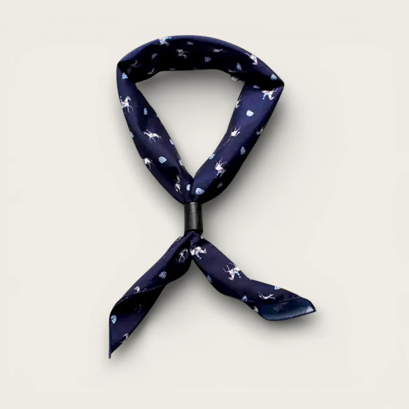 Blue Neckerchief: navy silk scarf with white figures, dots in elegant knot