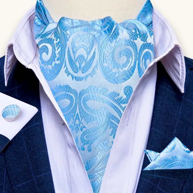 Blue Paisley Ascot: light blue paisley silk cravat, pocket square, cufflinks