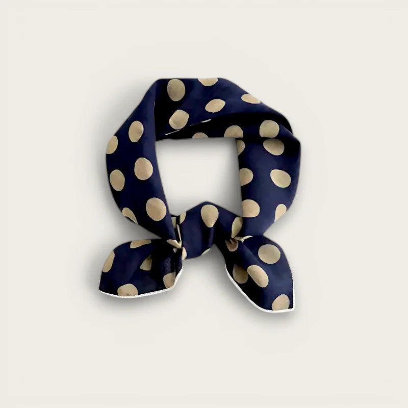 Navy blue silk scarf with cream polka dots, white trim, Blue Polka Dot Cotton Scarf