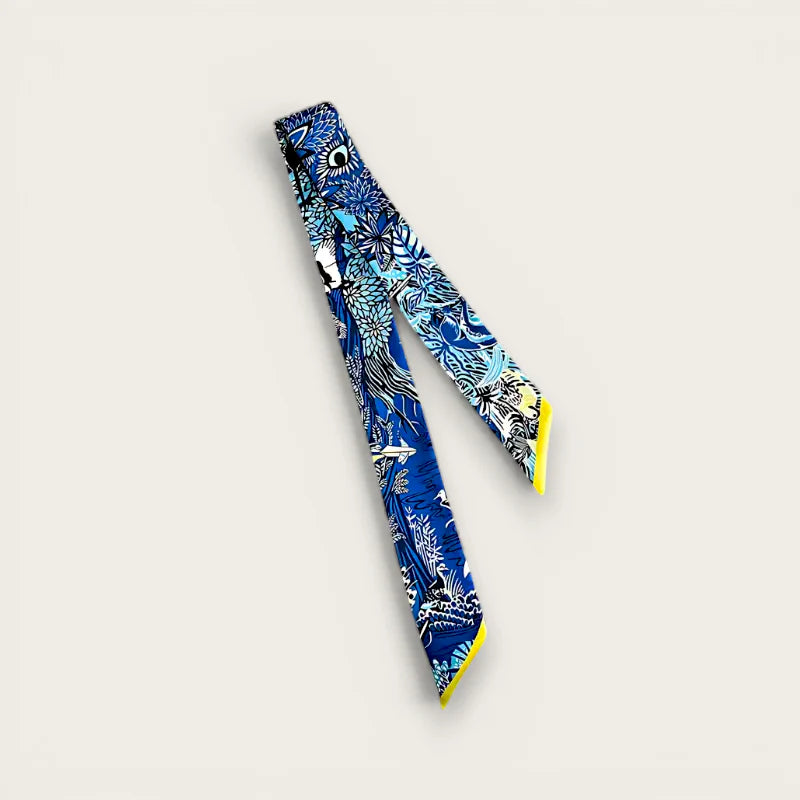 Blue Purse Scarf: vibrant blue silk with floral bird patterns, yellow trim